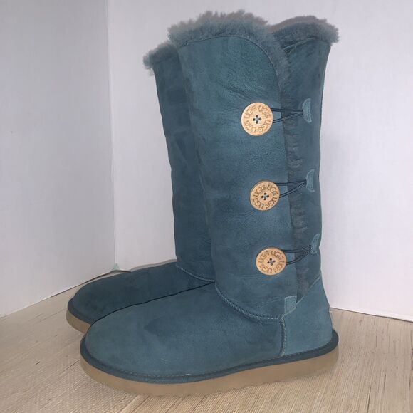 UGG Australia Bailey Button Triplets Womens 10 Teal Green Sheepskin Leather Tall - Picture 1 of 15